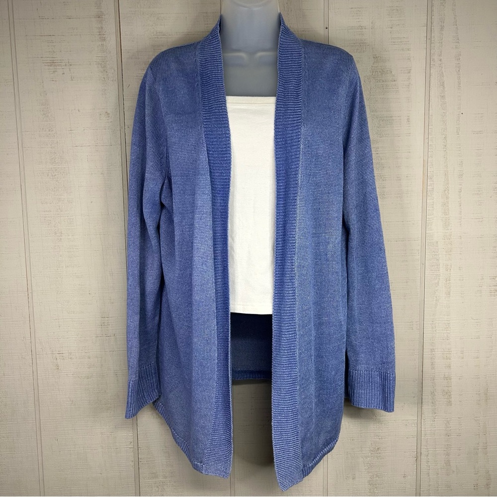 Talbots‎ 100% Linen Cardigan Sweater Size 1X Open Front Coastal Beachy Blue